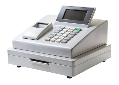Compact cash register machine featuring a display screen and keypad, ideal for retail and payment processing concepts png