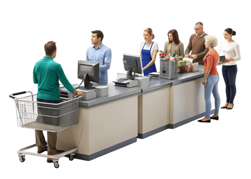 Supermarket checkout line featuring shoppers and shopping carts, ideal for retail and consumer commerce concepts png
