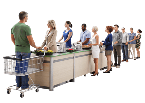 Checkout process with customers and clerks at supermarket counters, isolated on clean Transparent Background png