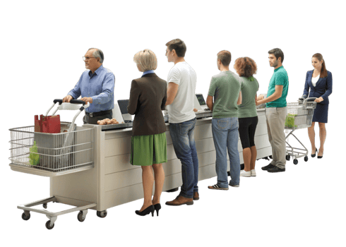 Grocery store checkout line with diverse customers and shopping carts, isolated on Transparent Background, retail concept png