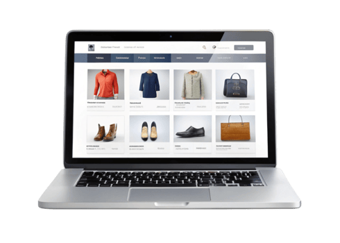 Digital shopping concept with laptop showcasing clothing, footwear, and accessories on an e commerce website png