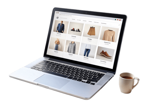Laptop with online e commerce website showcasing a variety of clothing and accessories for shopping inspiration png