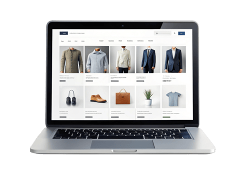 Modern laptop displaying online shopping website with trendy clothing and stylish accessories for customers png