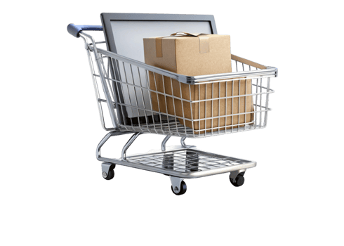 Shopping cart with boxes on a laptop, representing online shopping and express checkout on a Transparent Background png