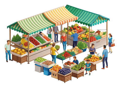 Classic market scene with colorful awnings, fresh produce, and a lively atmosphere, perfect for organic food themes png