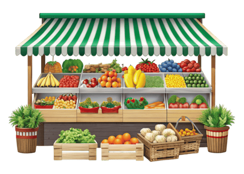 Open air market with diverse fruits, vegetables, and greens, emphasizing healthy eating and sustainability png