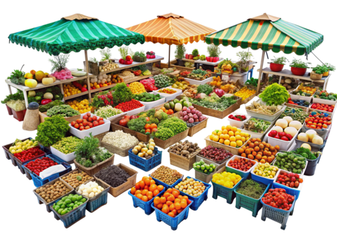 Vibrant local market stall with fresh fruits, vegetables, and herbs under colorful striped umbrellas, showcasing natural produce png
