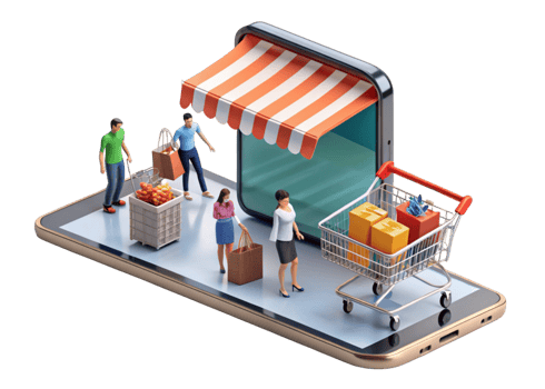 Mobile commerce representation with a smartphone displaying shopping carts, bags, and a storefront awning png