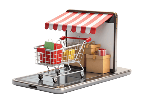 Creative concept of online shopping with a mobile phone featuring a shopping cart, striped awning, and gift boxes png
