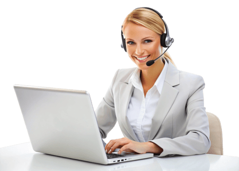 Smiling businesswoman with a headset providing online customer support services, seated at a clean modern desk png