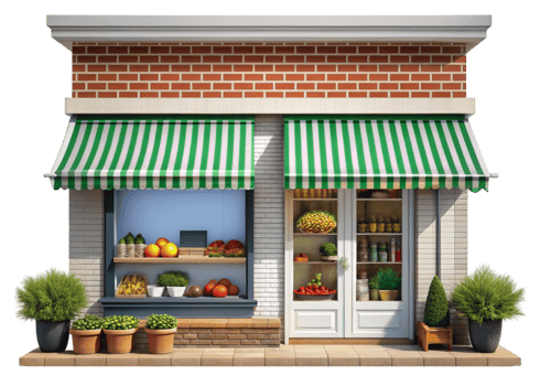 Local store with a striped canopy, wooden shelves, and potted plants, depicting a cozy community market png