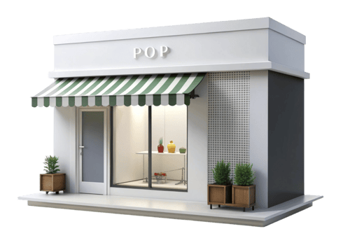 Small boutique or pop up store with colorful awnings and display counters on Transparent Background for design ideas png