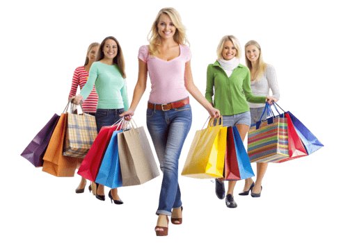 Stylish women with large shopping bags walking confidently in a bright and cheerful setting png