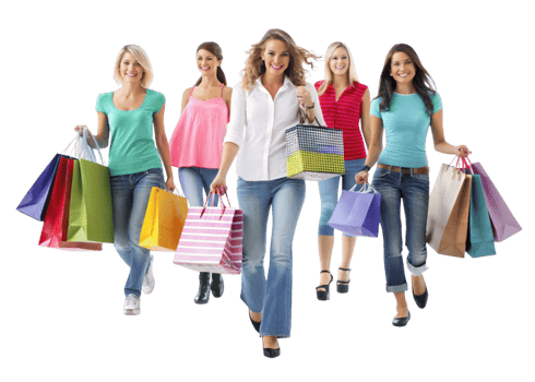 Group of happy women carrying colorful shopping bags during a shopping spree on a white reflective background png