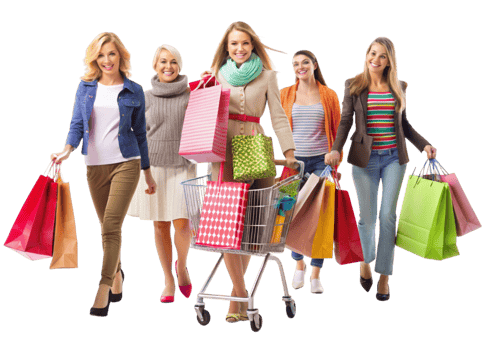 Smiling women enjoying retail therapy with vibrant shopping bags in a fun and lively shopping experience png