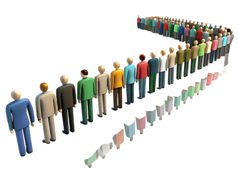 Futuristic illustration of a virtual queue concept featuring colorful characters and minimalistic design elements png