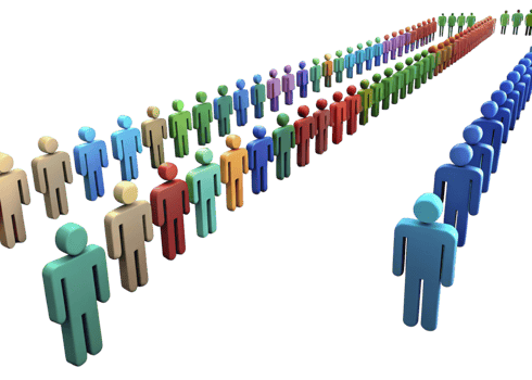 Long orderly lines of colorful humanoid figures forming a digital queue concept in a high tech environment png