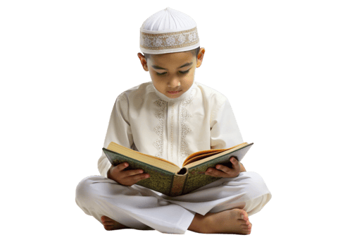Portrait of a Muslim boy engaged in Quranic reading on a simple Transparent Background png