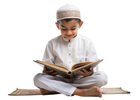 Little boy in traditional cap and white outfit studying the Quran on a Transparent Background png
