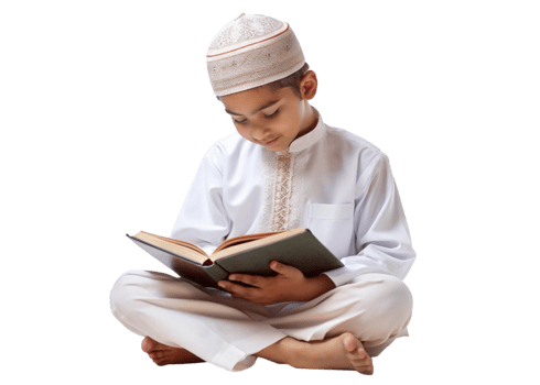 Muslim child in white clothes reading Quran representing faith and devotion on a plain backdrop png