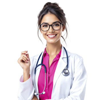 A woman in a doctor's coat and glasses png
