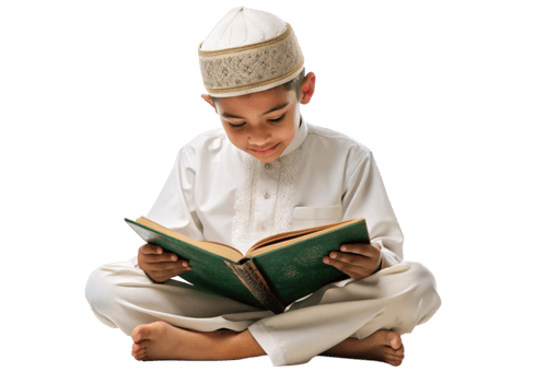 Young Muslim boy in traditional attire reading Quran on a Transparent Background with focused expression png