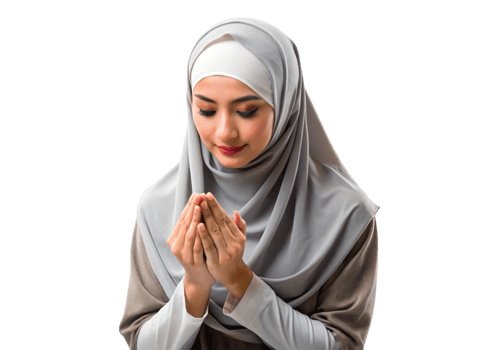 Beautiful young Muslim woman praying in hijab, hands raised in reverence png