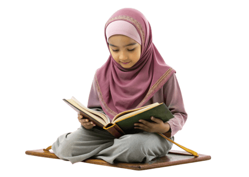 Little girl reading Quran on a prayer mat, embracing Islamic traditions and learning png