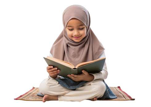 Young Muslim girl reading Quran in serene Transparent Background, focused on faith and spirituality png