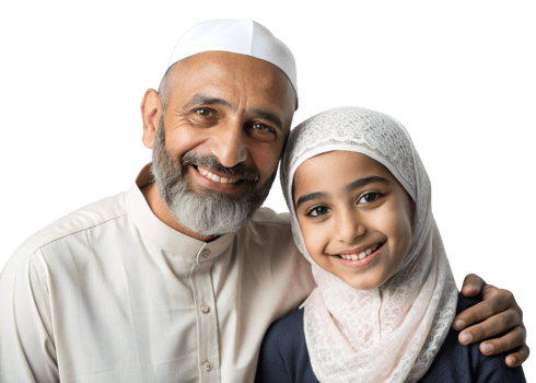 Smiling grandfather and young girl in hijab embracing and sharing joyful family moments png
