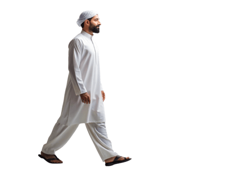 Full body image of a man in traditional Islamic clothing walking, symbolizing culture and grace in a bright setting png