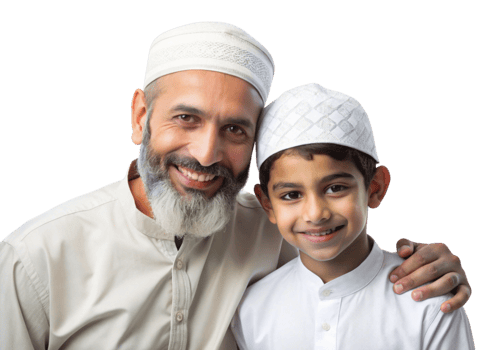 Father and son in Islamic clothing, showing a strong family connection with happy expressions on a minimal Transparent Background png
