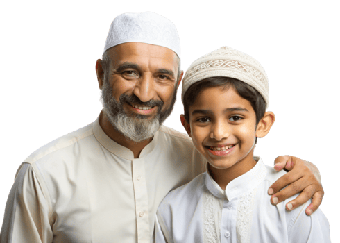 Portrait of a joyful Muslim father and son, dressed traditionally, expressing warmth and familial bond in a bright setting png