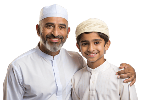 Smiling Muslim father and son in traditional attire, symbolizing love, connection, and family values on a Transparent Background png