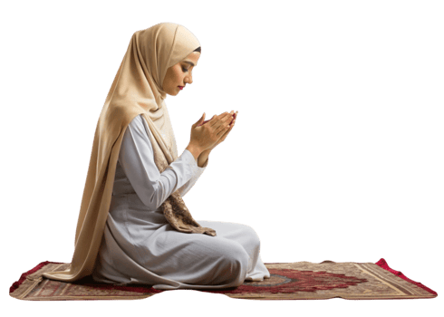 Side view of a Muslim woman in prayer, wearing a hijab, symbolizing faith and spirituality in a minimalistic environment png