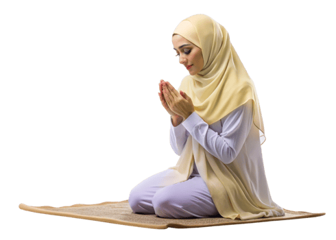 Devout Muslim woman praying on a prayer mat, showcasing faith and spirituality in a simple and pure Transparent Background png