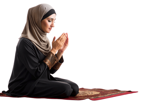 Peaceful Muslim woman praying with hands raised in devotion, dressed in modest Islamic clothing in a bright setting png