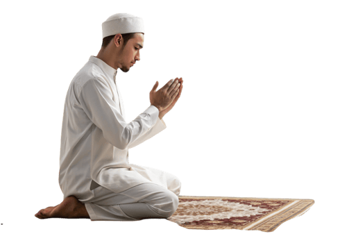 Man in Islamic prayer pose, wearing traditional clothing and kufi, reflecting on spirituality and devotion png