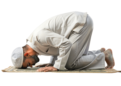 Islamic prayer ritual with a man in prostration pose on a prayer mat, symbolizing humility and submission png