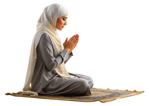 Muslim woman in serene prayer position with hands raised, wearing traditional attire and hijab on a Transparent Background png