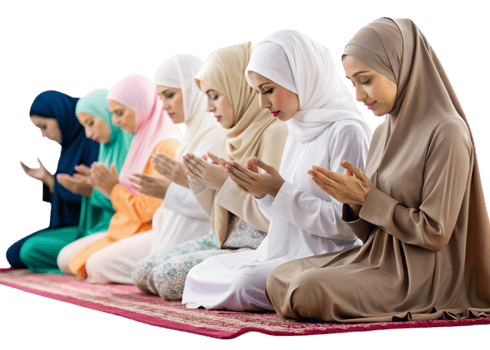 Women traditional Islamic attire praying in unity showing spirituality peace and cultural harmony png
