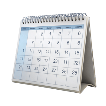 Elegant spiral bound tabletop calendar with marked weekdays and dates for planning and time management png