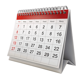 Close up of a tabletop calendar with red header and organized date boxes, isolated on white for business planning and scheduling concepts png
