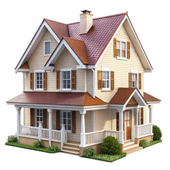 Classic two story family house with red roof and detailed porch, isolated on white, symbolizing residential architecture png