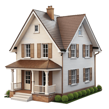 3D render of a suburban house with red roof and decorative windows, isolated on Transparent Background for real estate and housing png
