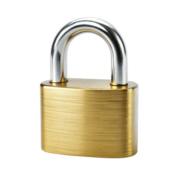 Close up of golden padlock with steel shackle, representing security, access control, and privacy png