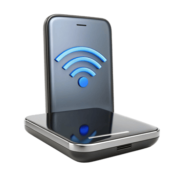 Modern portable hotspot device featuring Wi Fi signal icon in blue, isolated on Transparent Background for internet connection png
