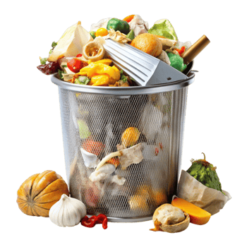 Overflowing trash can with food waste, plastic, and paper items, representing wastefulness and recycling challenges png