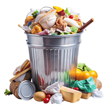 Full garbage can with diverse trash items like food scraps, paper, and bottles, highlighting waste and pollution concepts png
