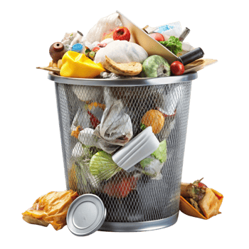 Overflowing metal trash bin filled with various garbage items, including food waste, packaging, and plastic, isolated on white png